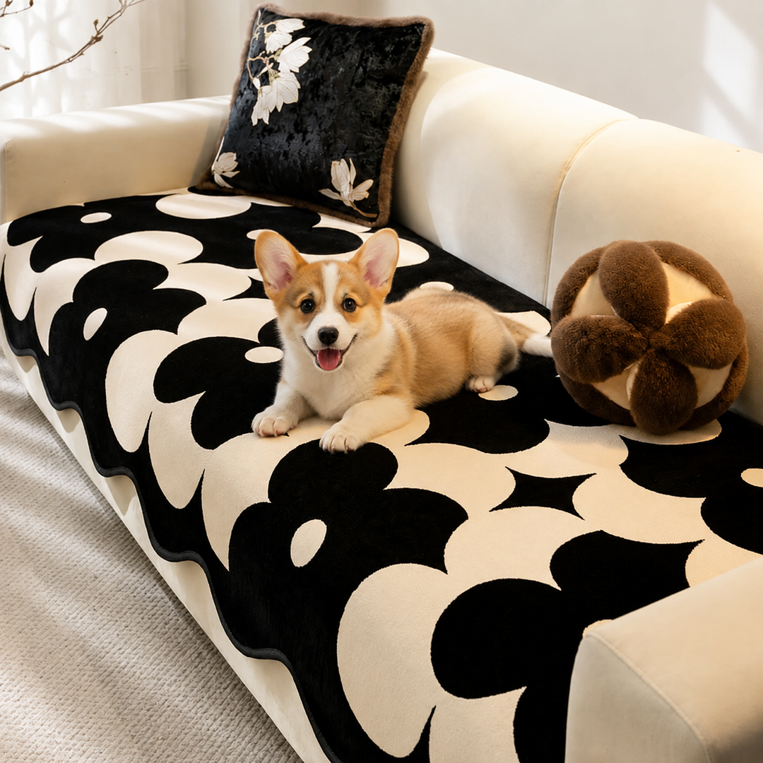 Floral Chenille Sofa Cover | Wavy Border Non-Slip Couch Throw