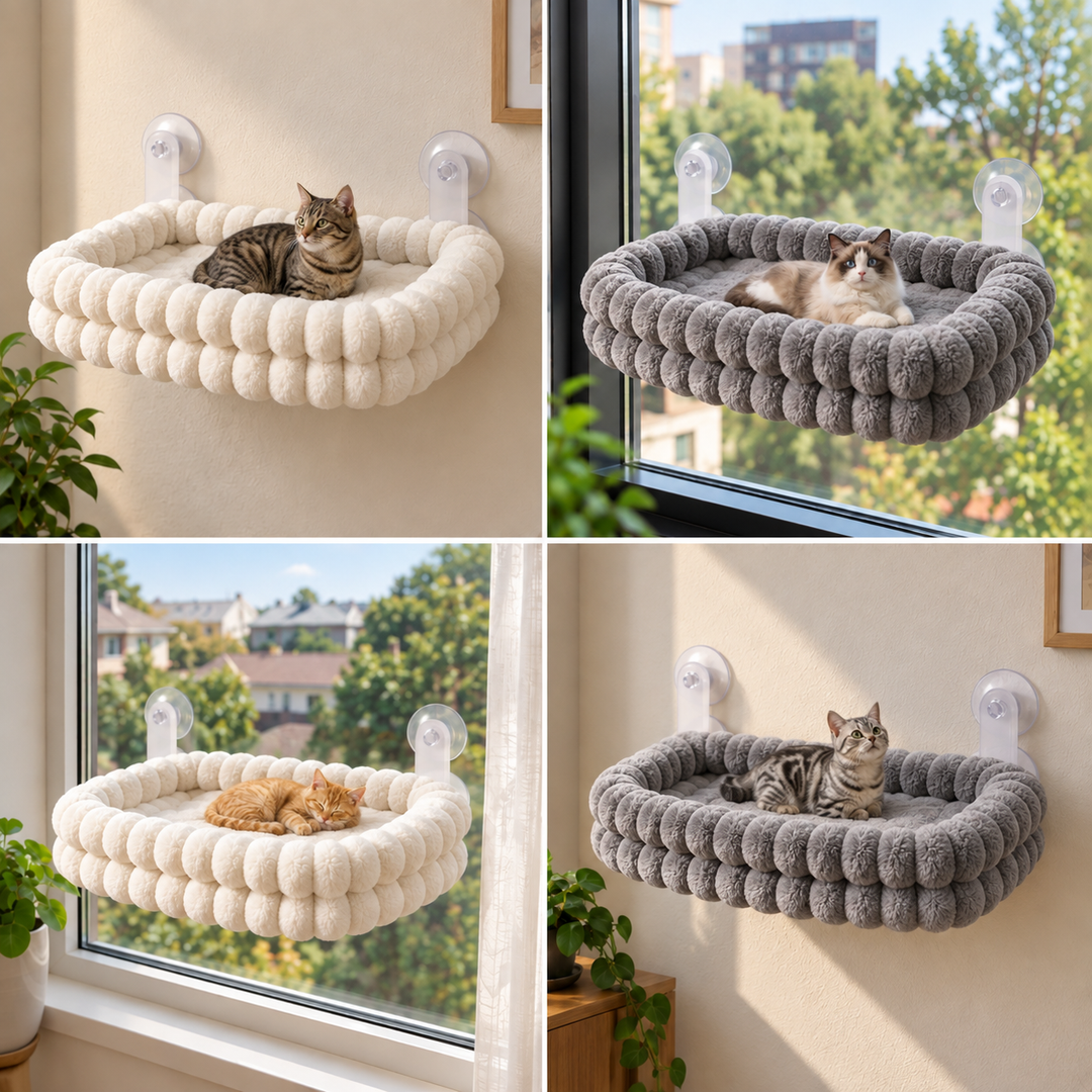 Fluffy Cordless Folding Cat Window Hammock with Strong Suction Cups & Washable Cover