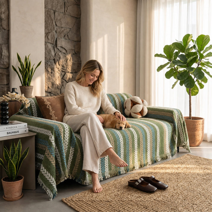 Leaf Pattern Chenille Sofa Cover | One-Piece Throw | Pet Fur & Dust Protection | Machine Washable