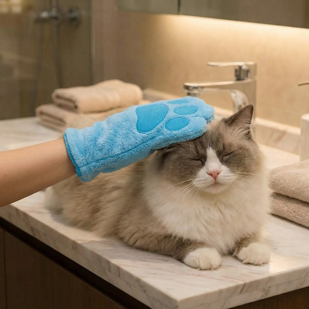 Animal care microfibre glove – dry bath towel & coat cleaning for cats