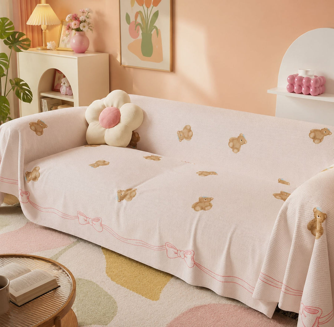 Teddy Bow | Linen-Look Sofa Throw | Breathable Anti-Scratch Pet Cover