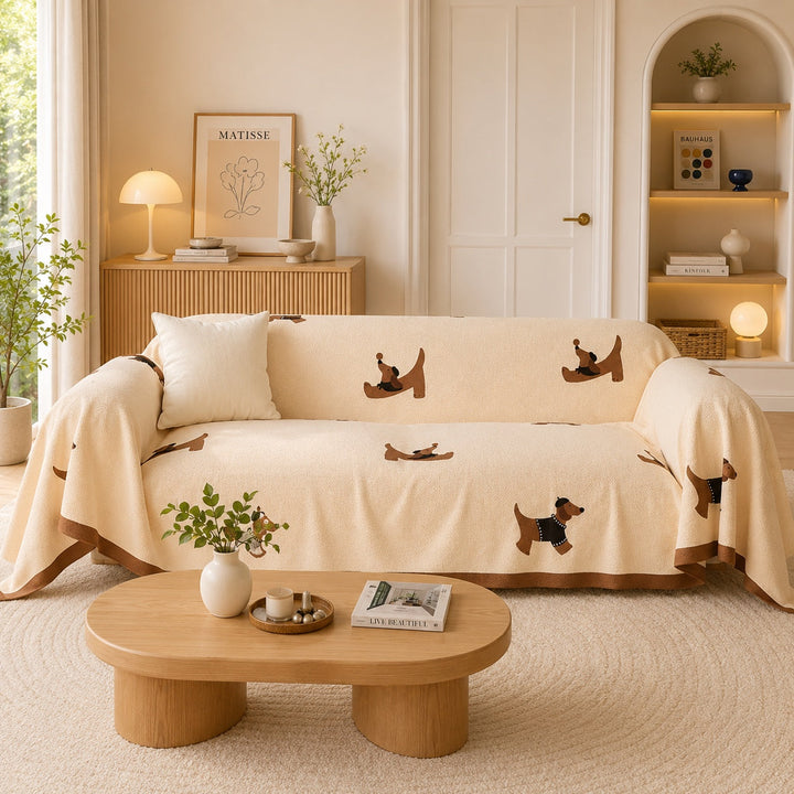 Playful Dachshund | Linen-Look Sofa Throw | Breathable Anti-Scratch Pet Cover