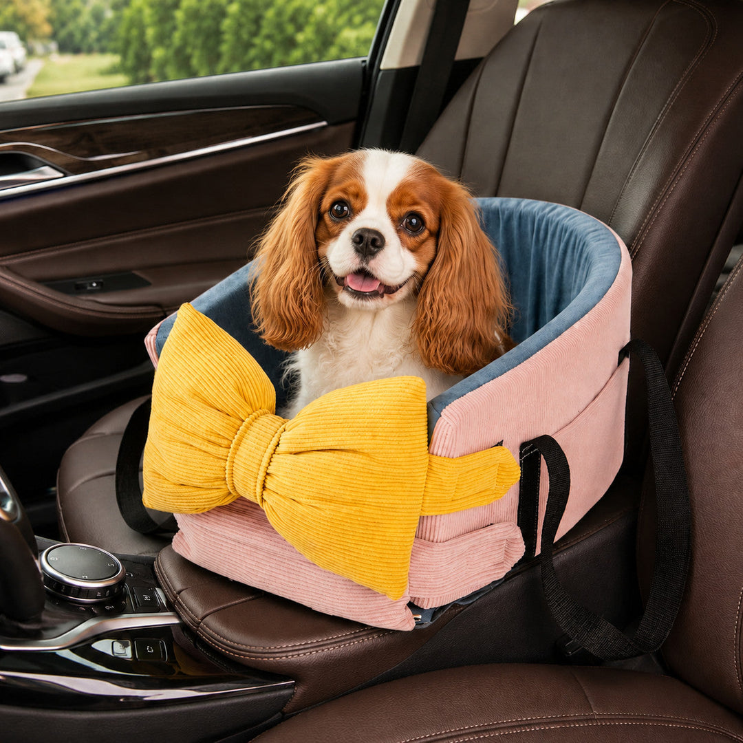 Bow-Knot Pet Car Seat Carrier | Washable Corduroy | Safety Straps & Carry Handles