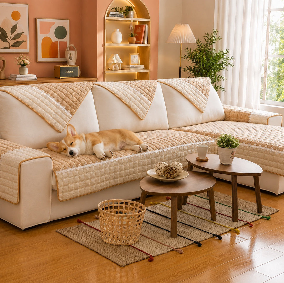 Waffle-Knit Corduroy Sofa Cover | Anti-Scratch Anti-Slip | Machine Washable
