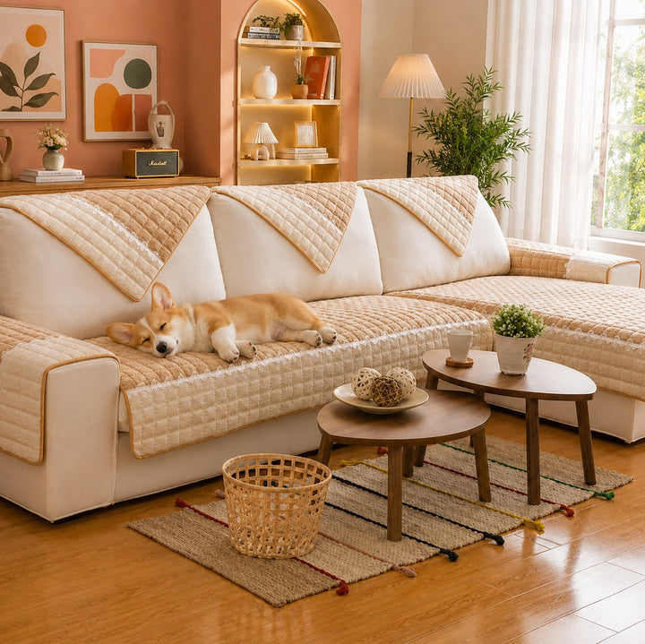 Waffle-Knit Corduroy Sofa Cover | Anti-Scratch Anti-Slip | Machine Washable