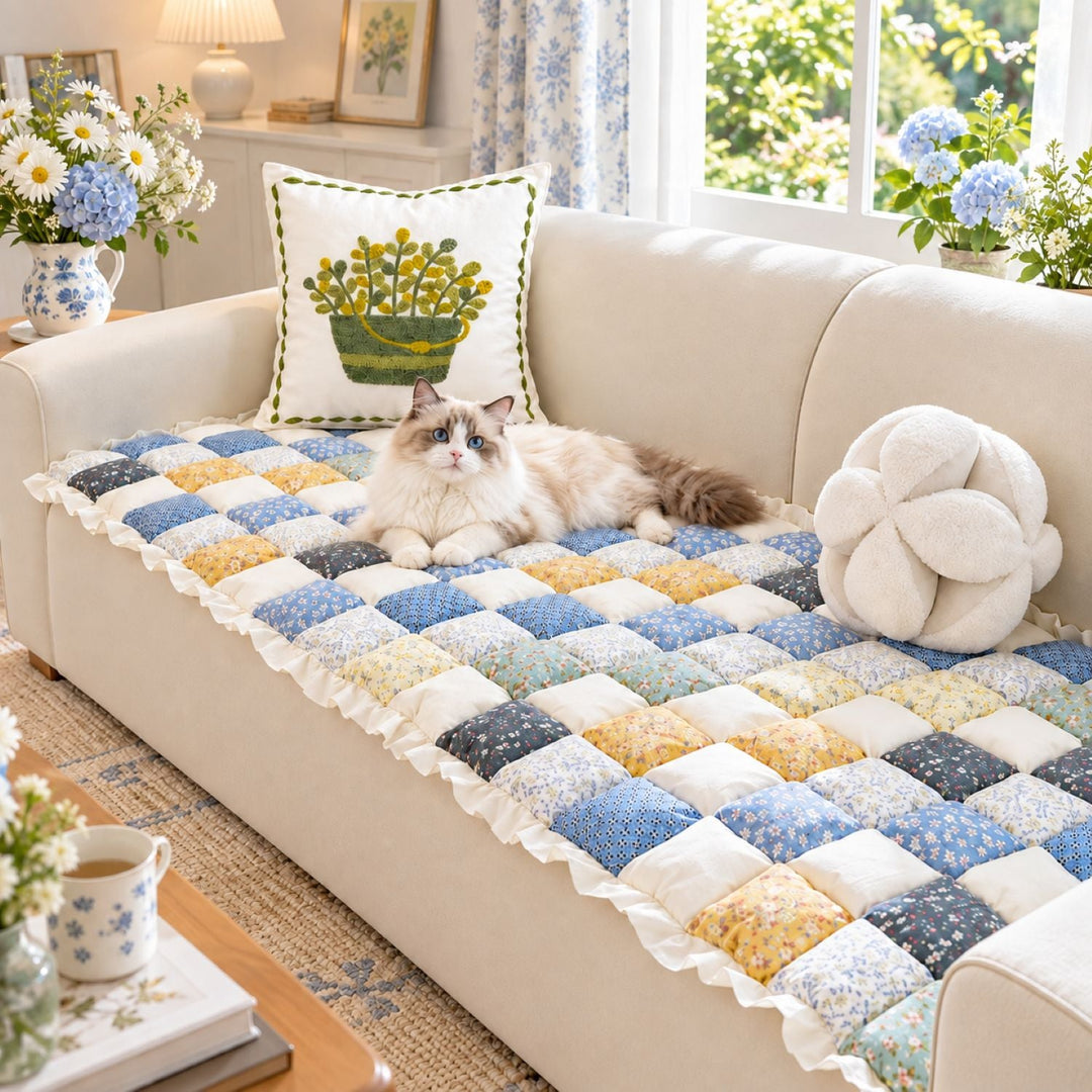 Patchwork Sofa Cover | Non-Slip Sofa Protector | Quilted 100% Cotton