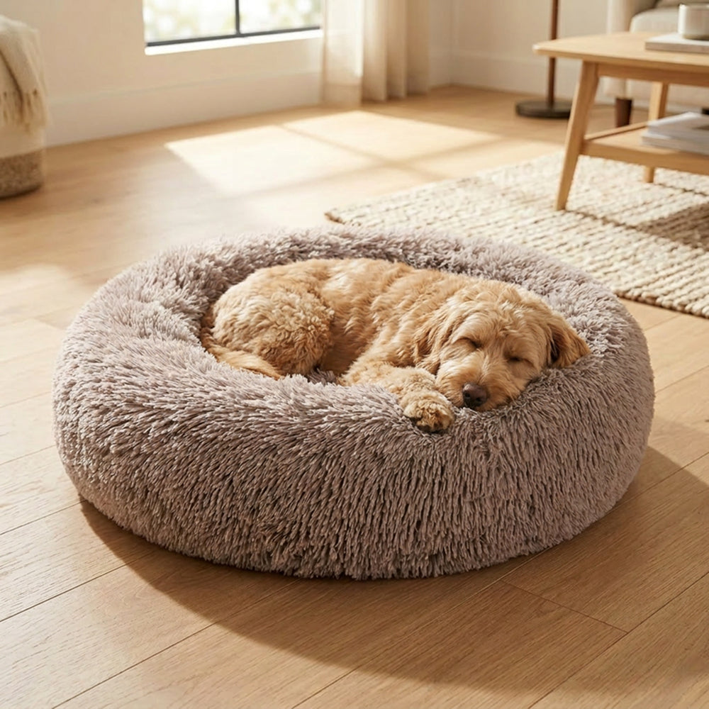 Calming Dog Bed | Round Fluffy Anti-Anxiety Bed | Raised Rim for Joint Support | Machine Washable | Faux Fur
