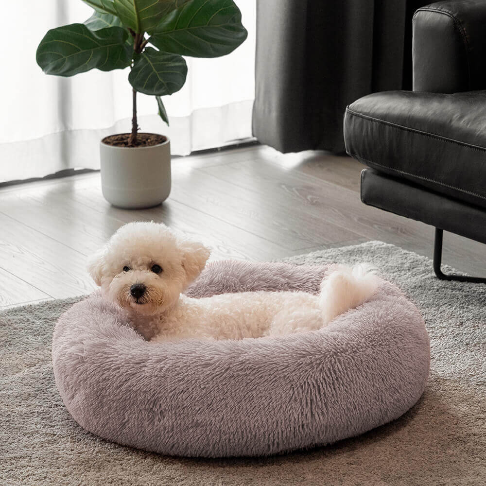 Calming Dog Bed | Round Fluffy Anti-Anxiety Bed | Raised Rim for Joint Support | Machine Washable | Faux Fur