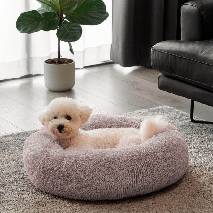 Calming Dog Bed | Round Fluffy Anti-Anxiety Bed | Raised Rim for Joint Support | Machine Washable | Faux Fur
