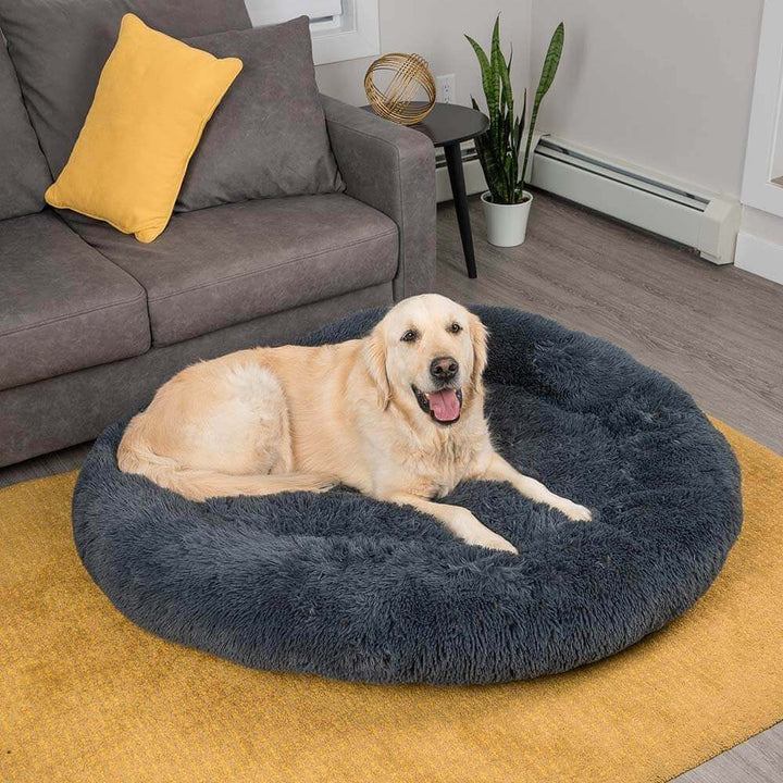 Calming Dog Bed | Round Fluffy Anti-Anxiety Bed | Raised Rim for Joint Support | Machine Washable | Faux Fur