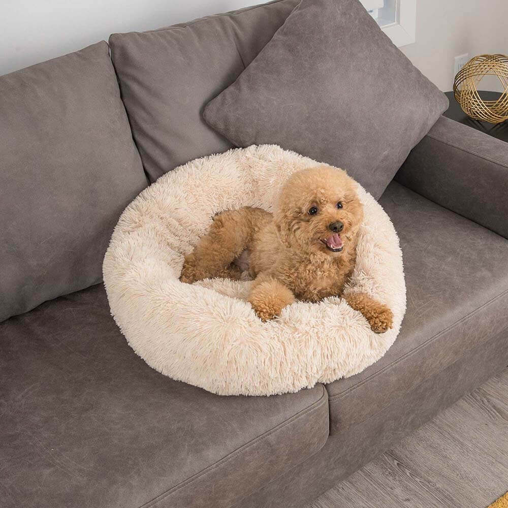 Calming Dog Bed | Round Fluffy Anti-Anxiety Bed | Raised Rim for Joint Support | Machine Washable | Faux Fur