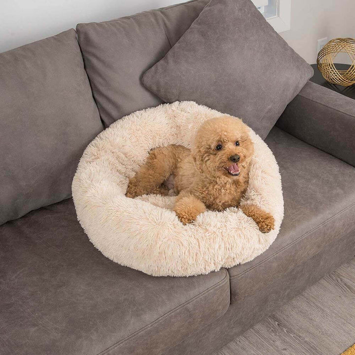 Calming Dog Bed | Round Fluffy Anti-Anxiety Bed | Raised Rim for Joint Support | Machine Washable | Faux Fur