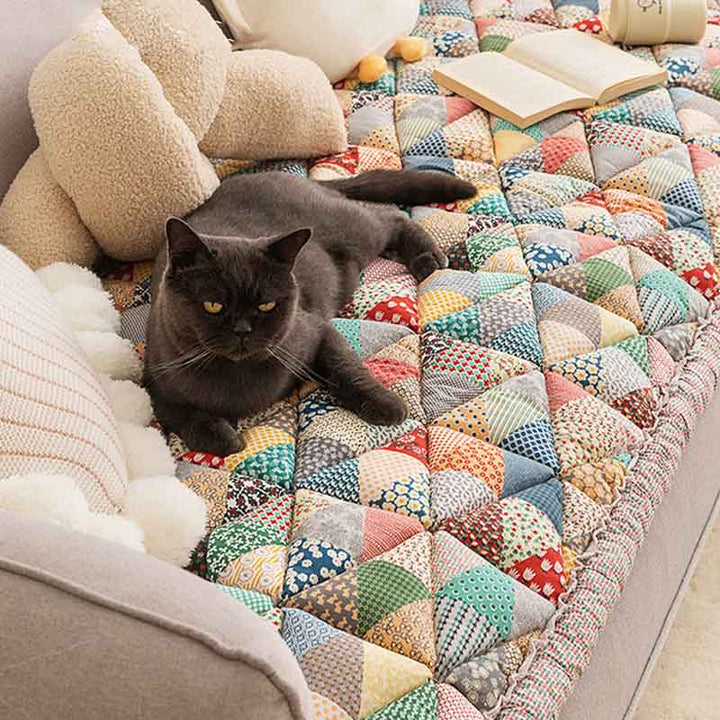Floral Cotton Sofa Cover | Quilted Non-Slip Protective Couch Mat