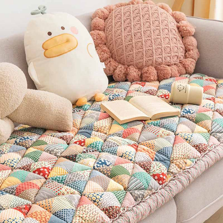 Floral Cotton Sofa Cover | Quilted Non-Slip Protective Couch Mat