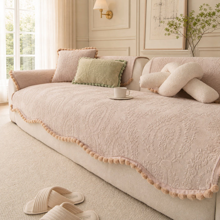 Floral Haven Sofa Cover | Pom-Pom Trim| Anti-Slip & Machine Washable