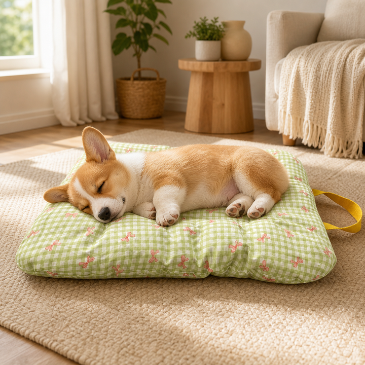 Washable Dog Bed & Cat Bed | Gingham Bow Pet Mat | Reversible Cotton
