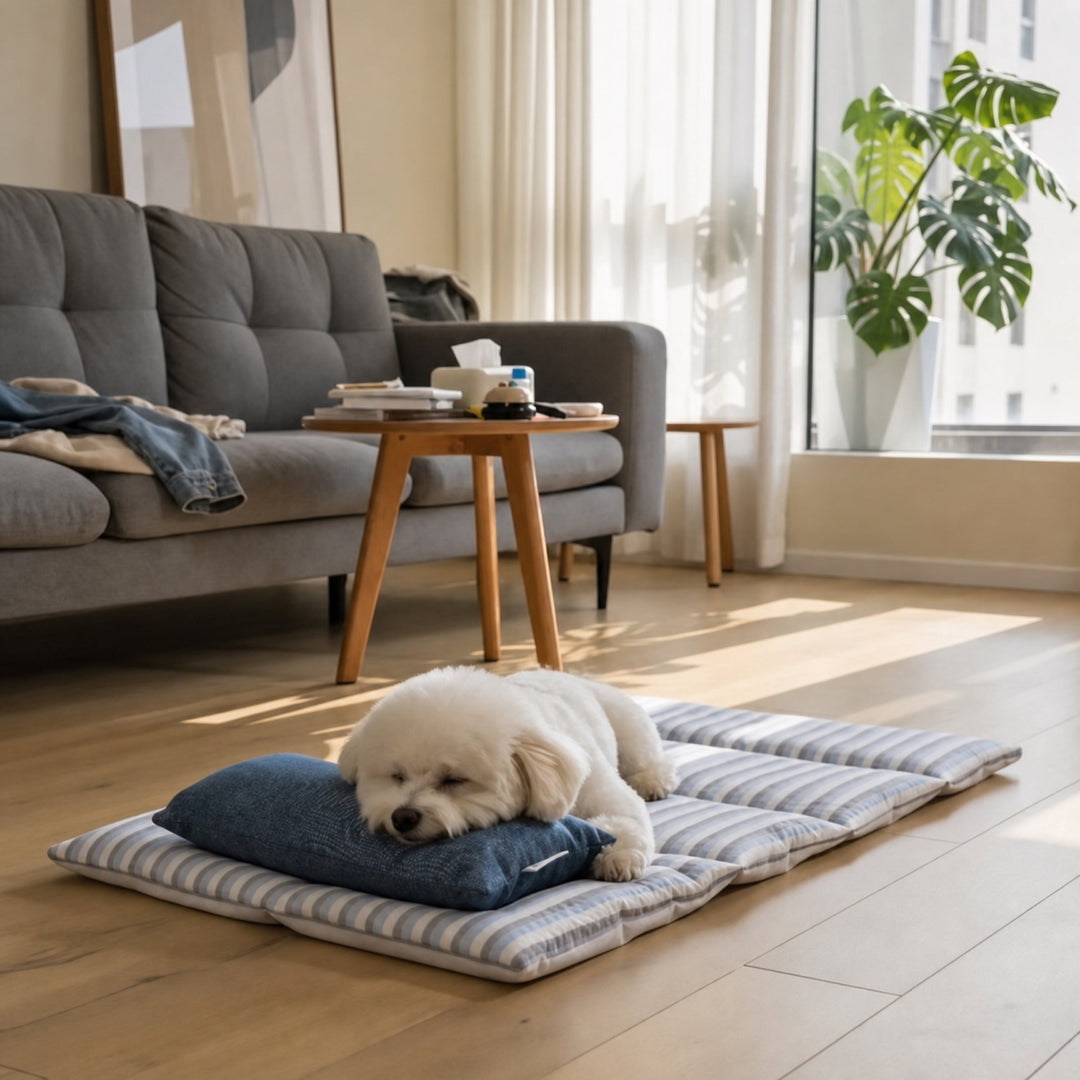 Striped Cooling Dog Mat | Ice Silk Non-Slip Bed with Pillow