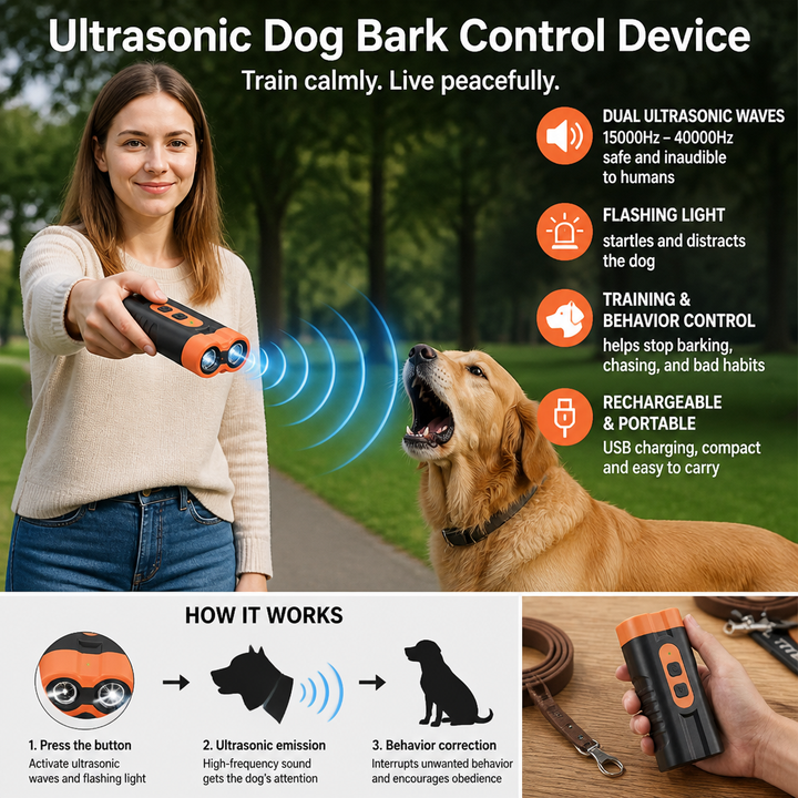 Ultrasonic Dog Bark Control Device – Portable & Rechargeable
