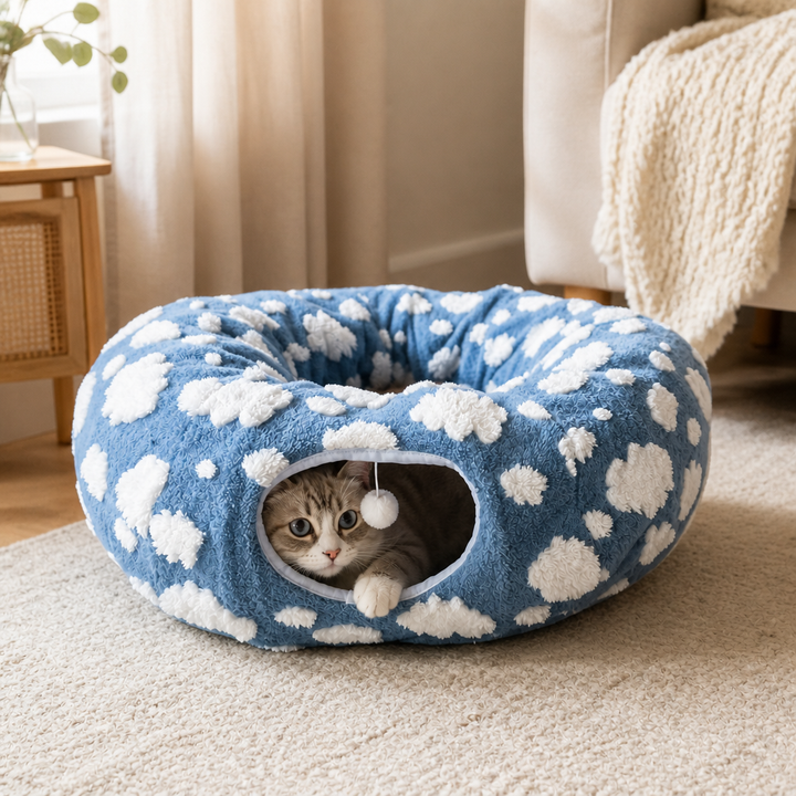 Fluffy 2-in-1 Pet Play Tunnel & Calming Bed with Cozy Blanket and Peekaboo Hole