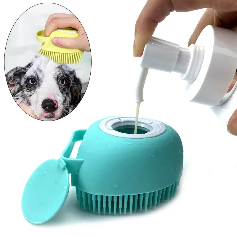 Silicone Dog Bath Massage Gloves | Pet Grooming Brush with Shampoo Dispenser