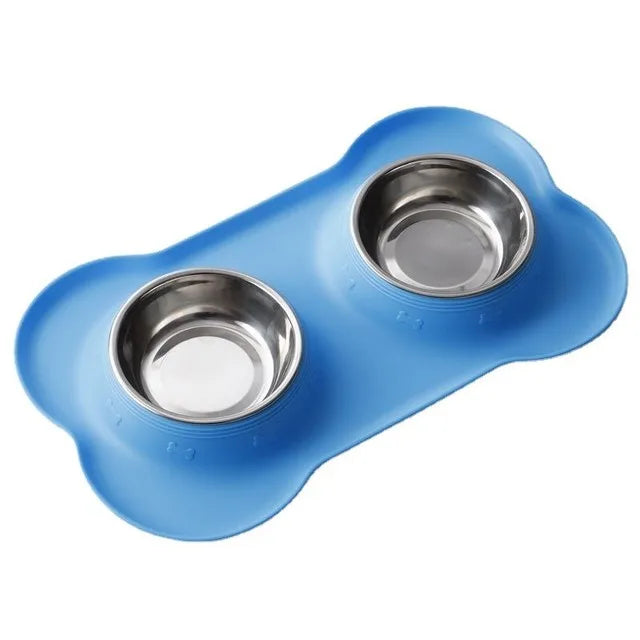 Anti-Slip Double Dog Bowl | Stainless Steel | Silicone Mat Base | Food & Water Feeder