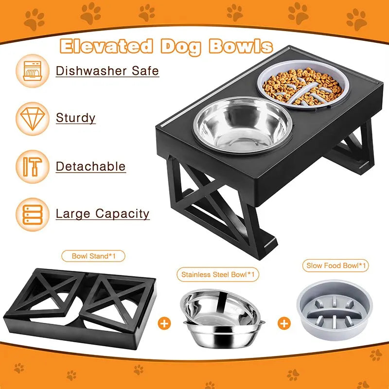 Adjustable Elevated Dog Bowl Stand | Slow Feeder | Healthier Eating Posture