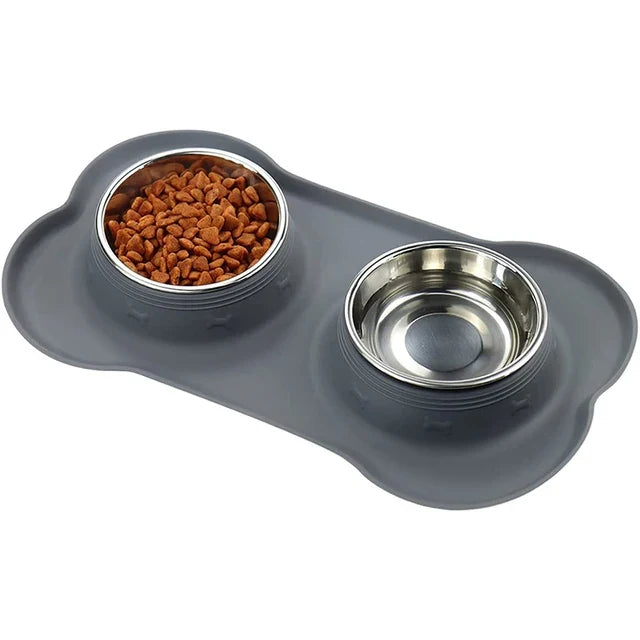 Anti-Slip Double Dog Bowl | Stainless Steel | Silicone Mat Base | Food & Water Feeder