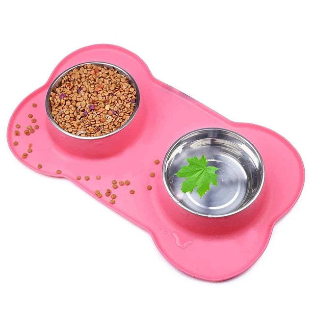 Anti-Slip Double Dog Bowl | Stainless Steel | Silicone Mat Base | Food & Water Feeder