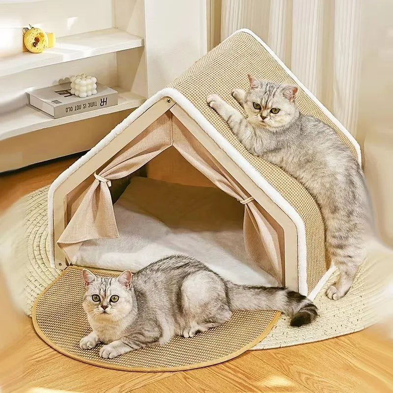 ScratchHome Wooden Cat House with Integrated Scratching Mat