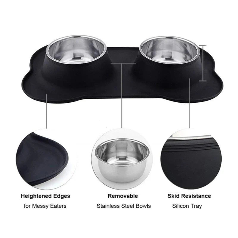 Anti-Slip Double Dog Bowl | Stainless Steel | Silicone Mat Base | Food & Water Feeder