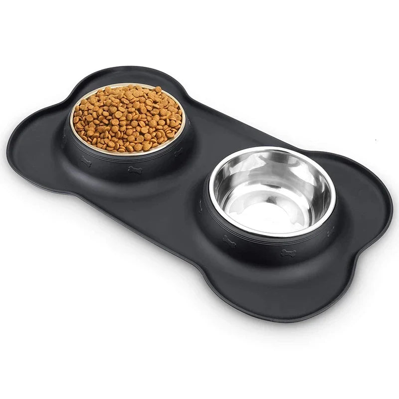 Anti-Slip Double Dog Bowl | Stainless Steel | Silicone Mat Base | Food & Water Feeder