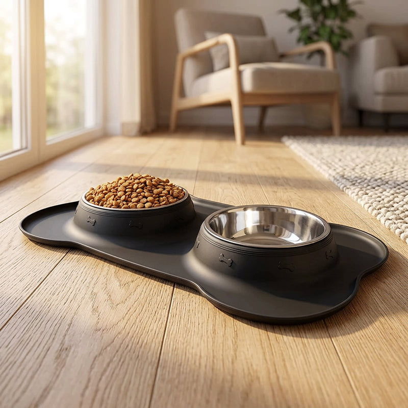 Anti-Slip Double Dog Bowl | Stainless Steel | Silicone Mat Base | Food & Water Feeder