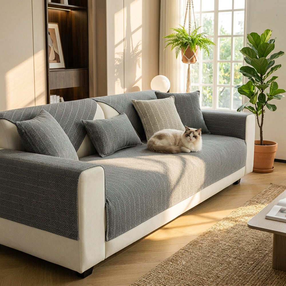 Solid Colour Chenille Sofa Cover | Anti-Scratch Herringbone Couch Protector | Durable