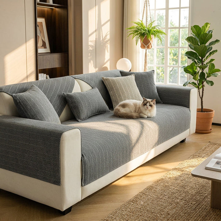 Solid Colour Chenille Sofa Cover | Anti-Scratch Herringbone Couch Protector | Durable
