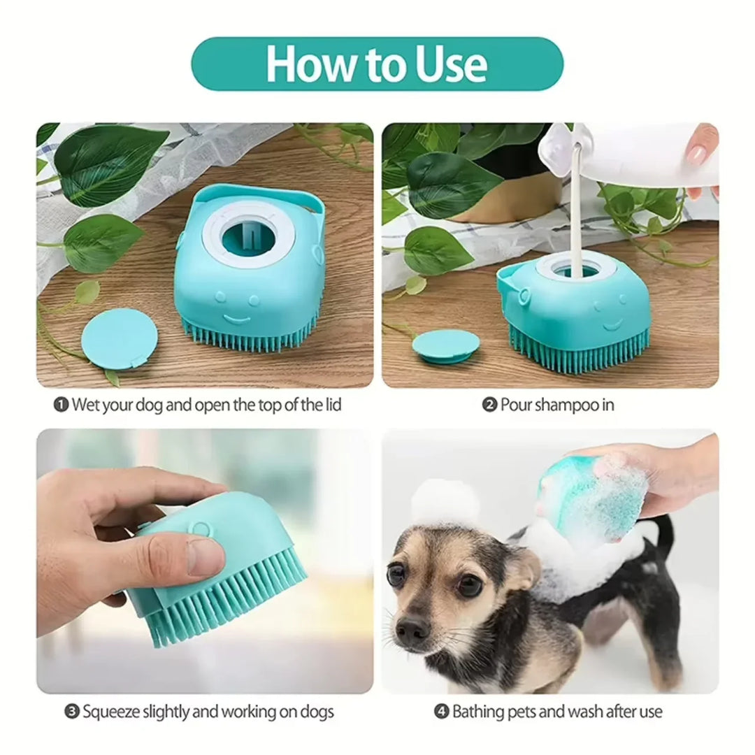 Silicone Dog Bath Massage Gloves | Pet Grooming Brush with Shampoo Dispenser