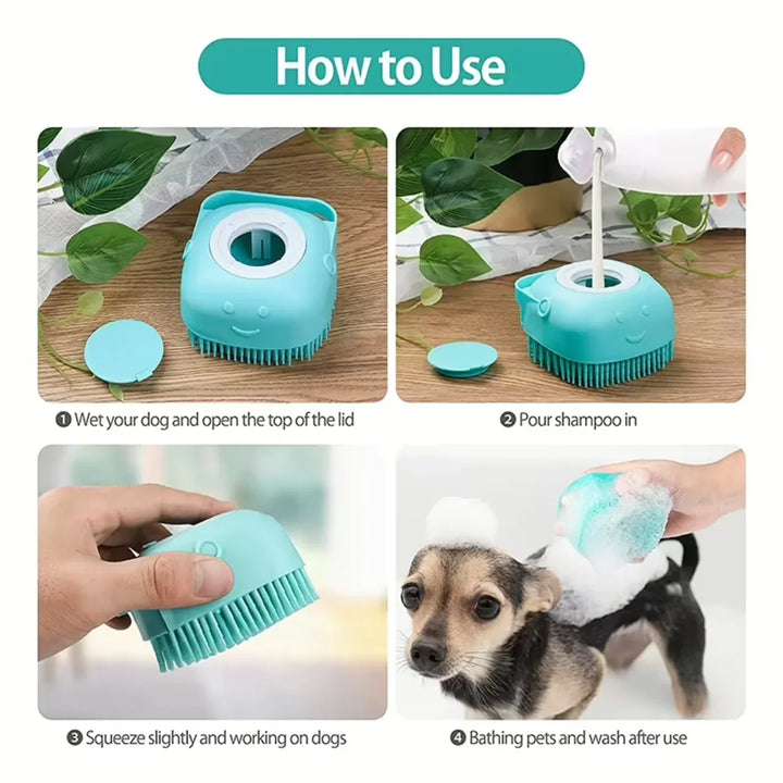 Silicone Dog Bath Massage Gloves | Pet Grooming Brush with Shampoo Dispenser