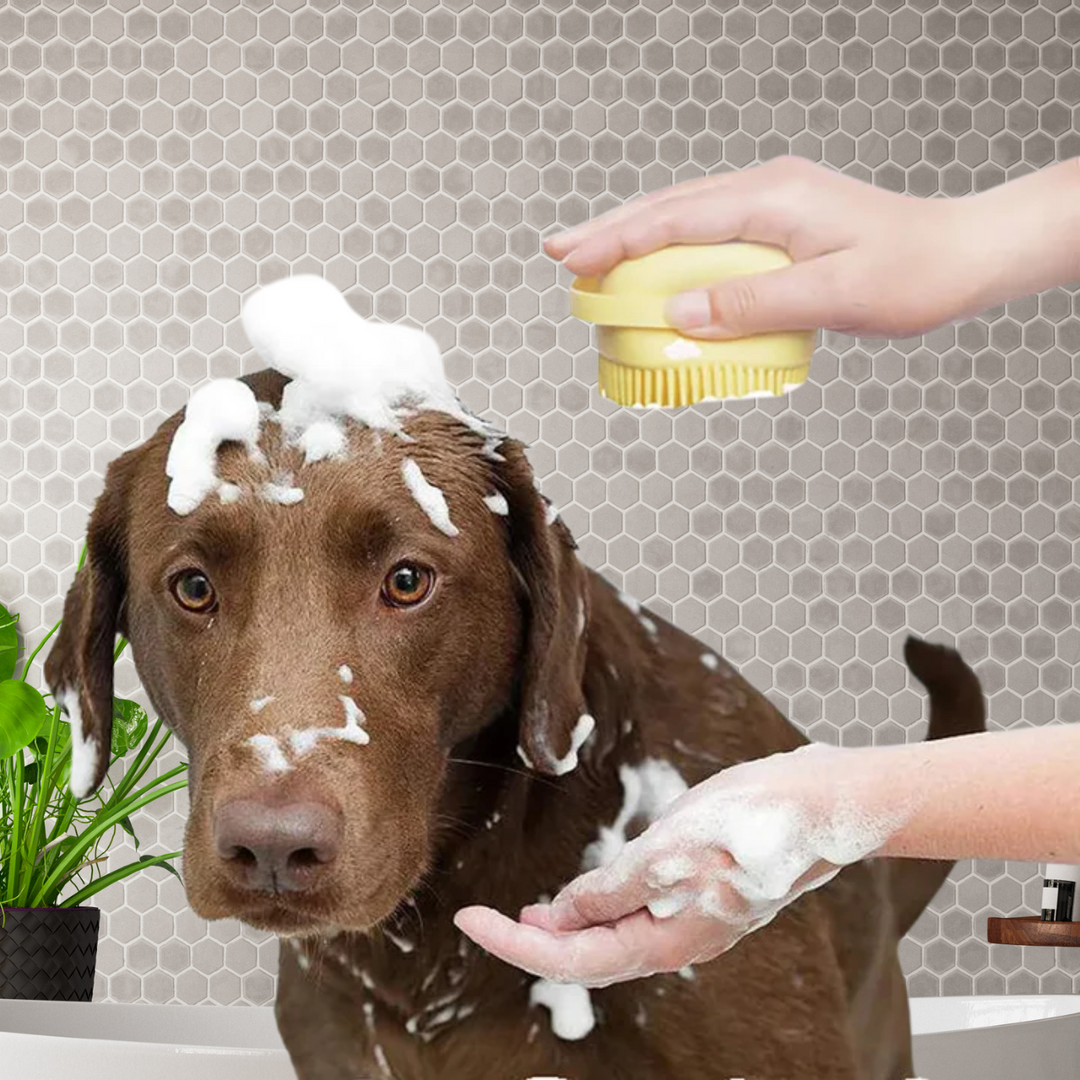 Silicone Dog Bath Massage Gloves | Pet Grooming Brush with Shampoo Dispenser