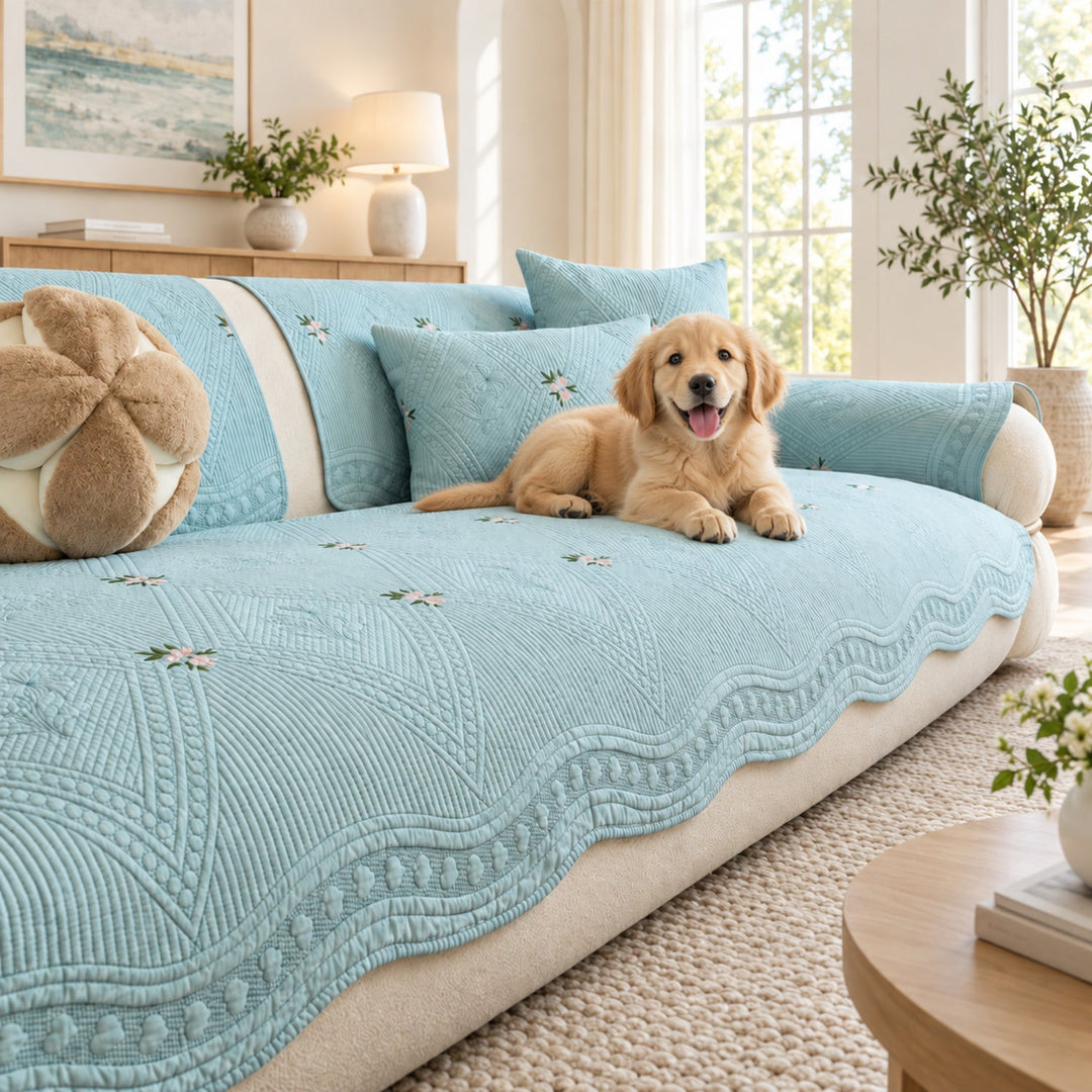 Dainty Sprig Cotton Sofa Cover | Embroidered, Non-Slip & Machine Washable
