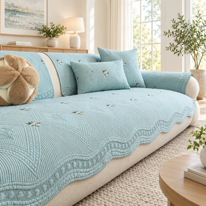 Dainty Sprig Cotton Sofa Cover | Embroidered, Non-Slip & Machine Washable