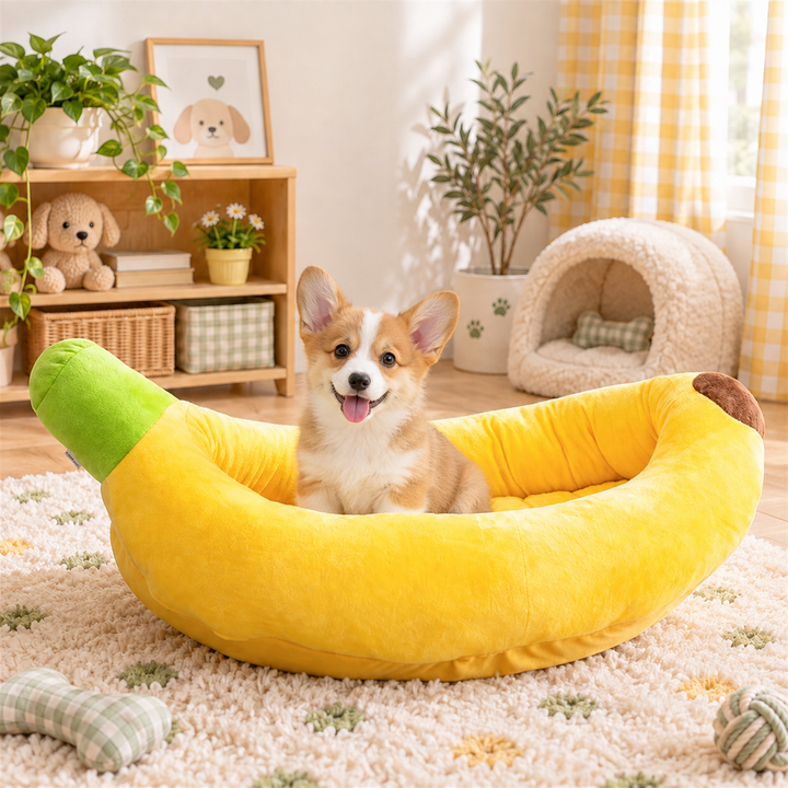 Dog Bed & Cat Bed | Banana Design | Soft Plush, Removable Cushion & Washable Covers