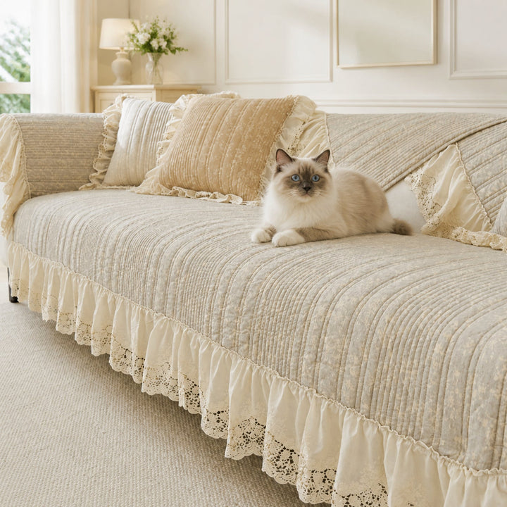 Vintage Lace Sofa Protector | Cotton-Linen Blend | Non-Slip Ruffled Design