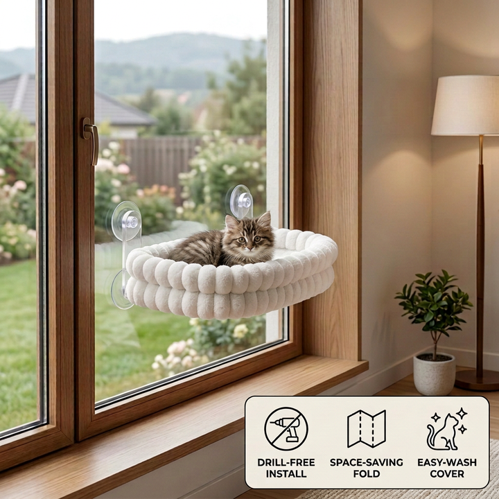 Fluffy Cordless Folding Cat Window Hammock with Strong Suction Cups & Washable Cover