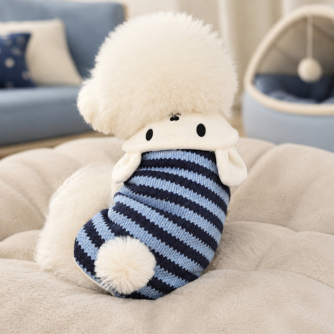 Bunny Hooded Pet Jumper | Fleece-Lined Striped Winter Coat with Lead Ring