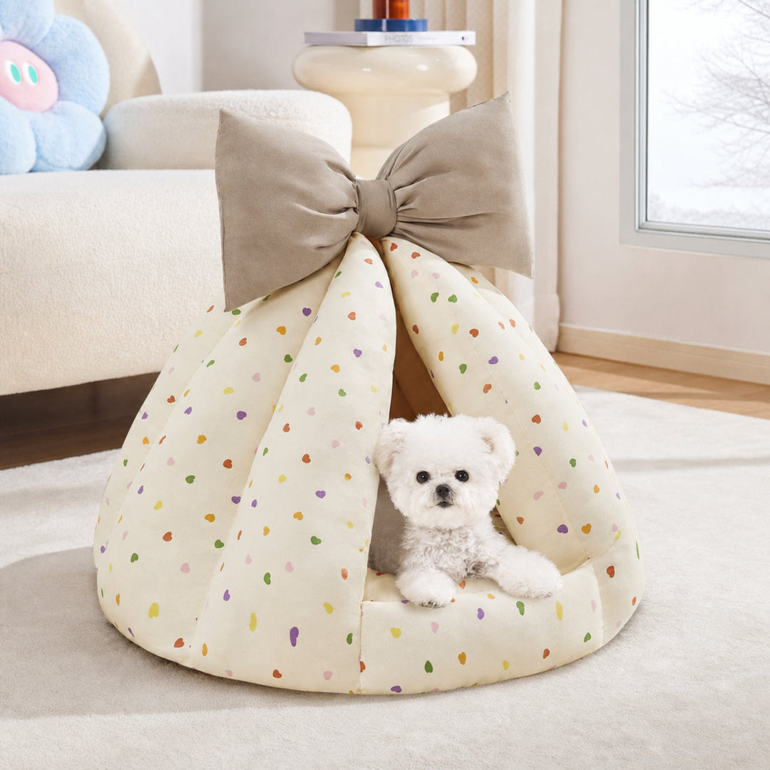 Dog Bed & Cat Bed | Bow Pet Tent | Cotton-Blend Fabric, Hand-Washable & Non-Slip