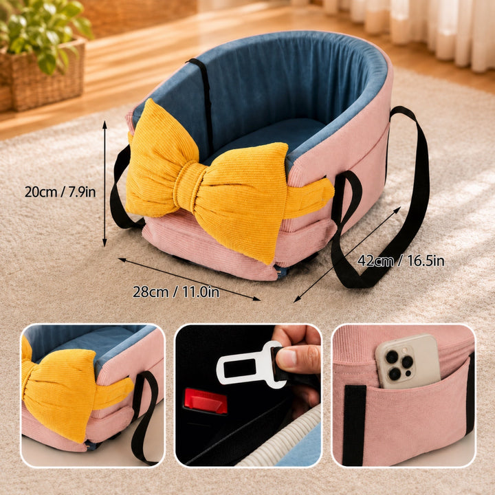 Bow-Knot Pet Car Seat Carrier | Washable Corduroy | Safety Straps & Carry Handles