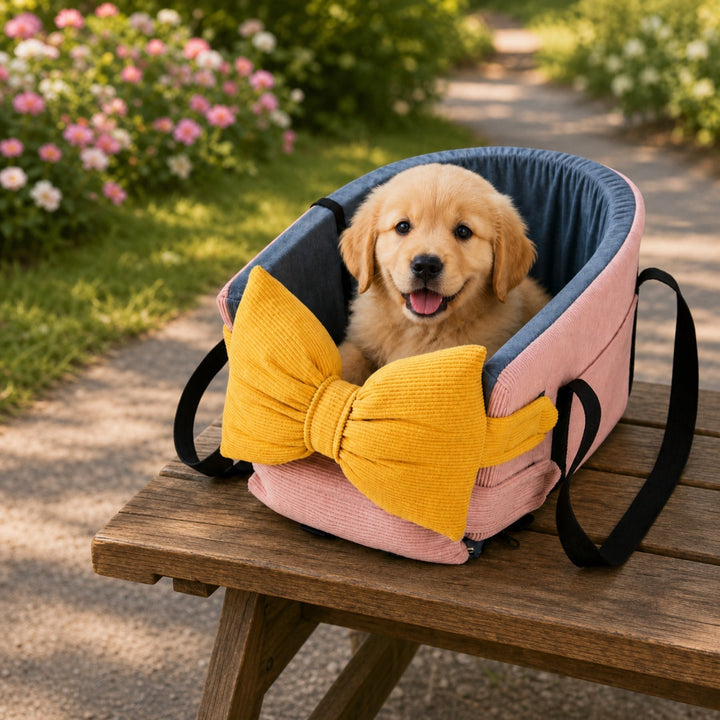Bow-Knot Pet Car Seat Carrier | Washable Corduroy | Safety Straps & Carry Handles