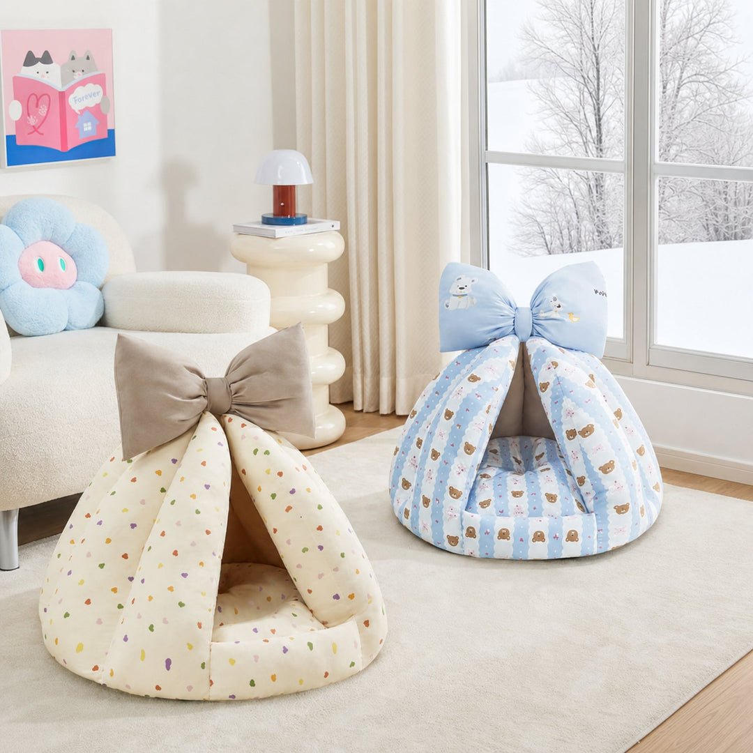 Dog Bed & Cat Bed | Bow Pet Tent | Cotton-Blend Fabric, Hand-Washable & Non-Slip