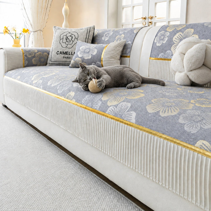 Golden Camellia Jacquard Sofa Cover | Chenille Anti-Slip Washable | Pet Protector