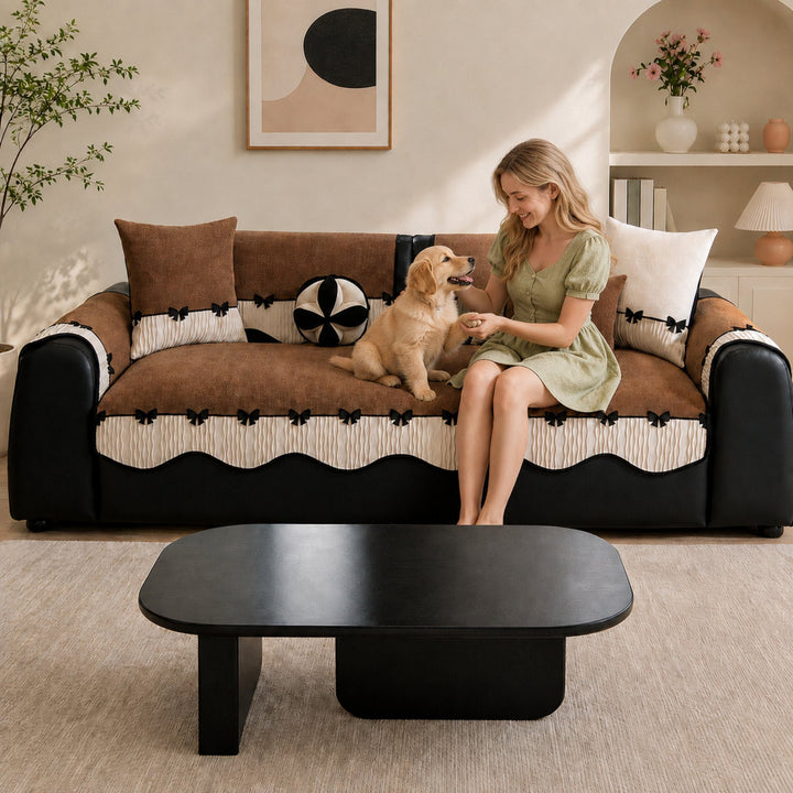 Bow Trim Herringbone Chenille Sofa Cover | Non-Slip Machine-Washable