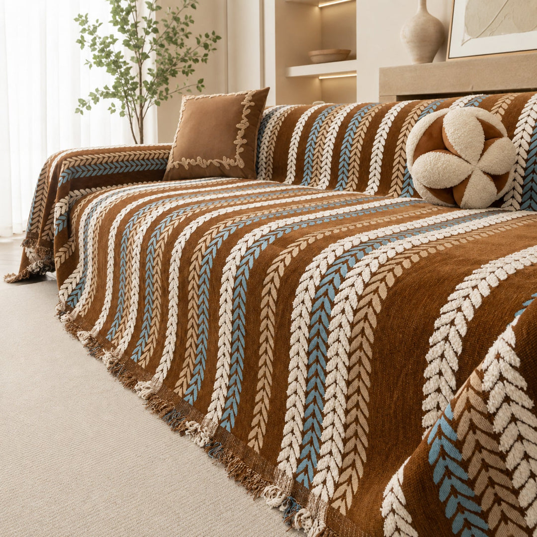 Leaf Pattern Chenille Sofa Cover | One-Piece Throw | Pet Fur & Dust Protection | Machine Washable